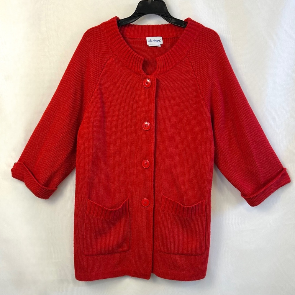 Vicki Wayne Smock Style Red Button Front Cardigan Sweater /  large